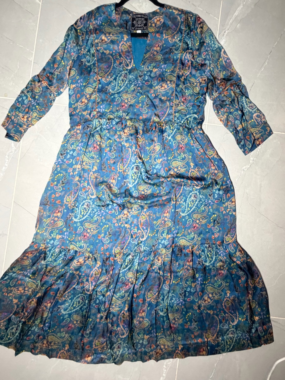 Johnny Was Teal Paisley Print Midi Dress